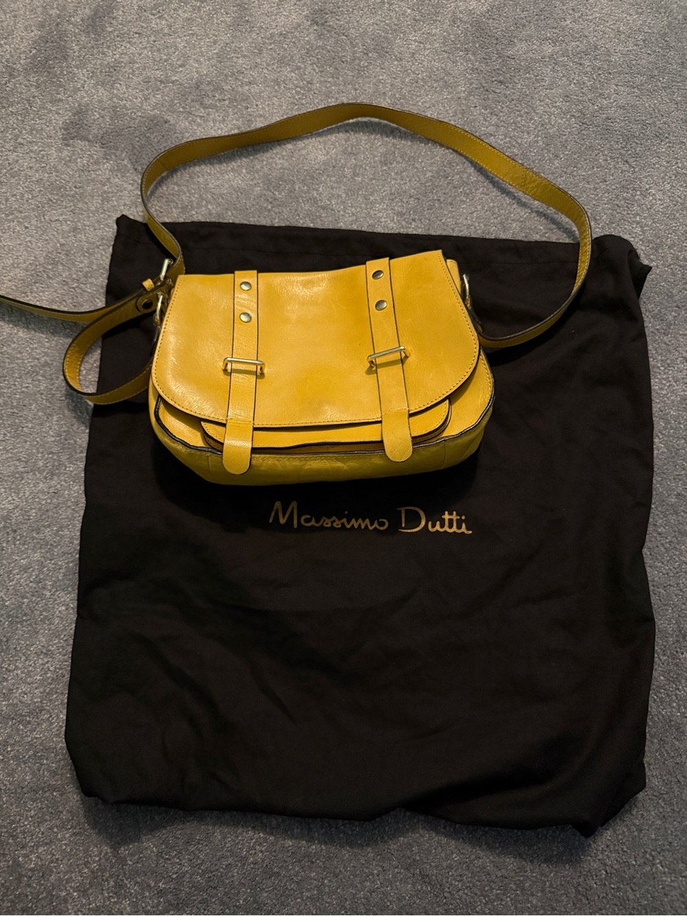 Massimo Dutti Mustard Yellow Leather Crossbody Satchel